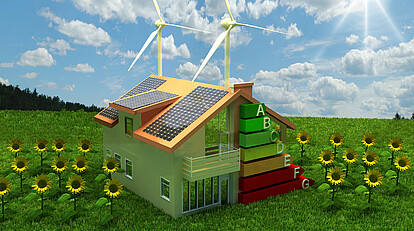 Grafik eines Hauses mit erneuerbaren Energien und Energie-Label A-F