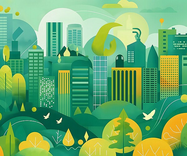 Grafik einer grünen, nachhaltigen Stadt als Symbolbild für Kreislaufwirtschaft