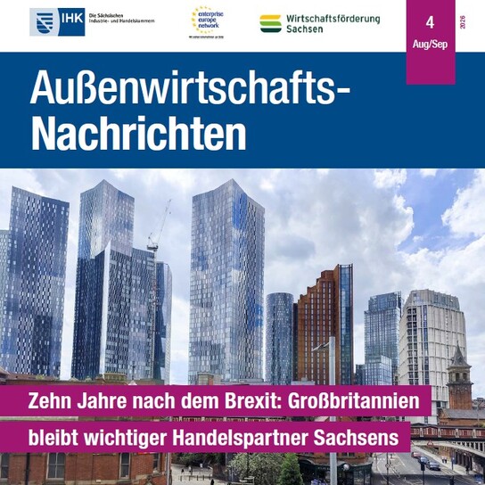 Deckblatt Außenwirtschaftsnachrichten Ausgabe 4 August/September. Titelthema: Zehn Jahre nach dem Brexit: Großbritannien bleibt wichtiger Handelspartner Sachsens