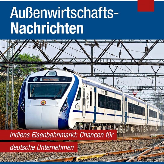 Abgebildet ist ein Zug, der durch das Bild fährt. Deckblatt Außenwirtschaftsnachrichten