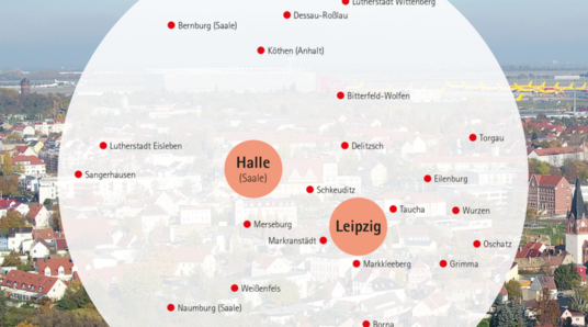 Luftbild von Schkeuditz mit vorgeschalteter Grafik, die wesentliche Ortschaften in Mitteldeutschland auflistet