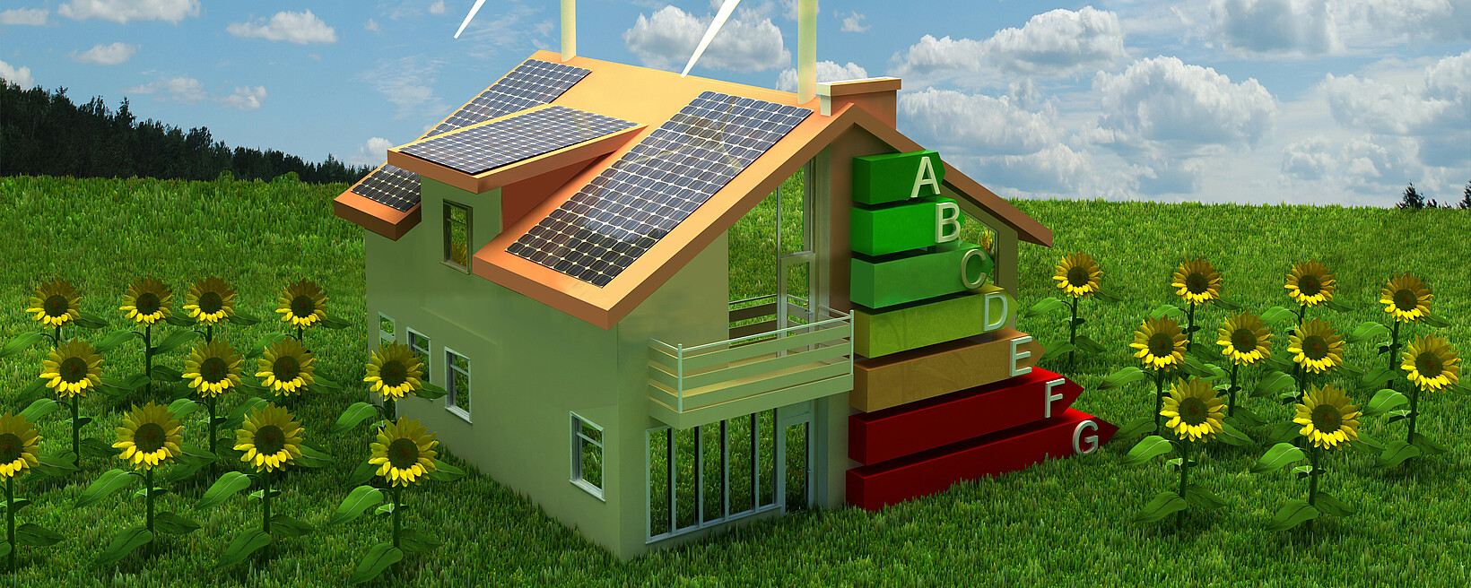 Grafik eines Hauses mit erneuerbaren Energien und Energie-Label A-F