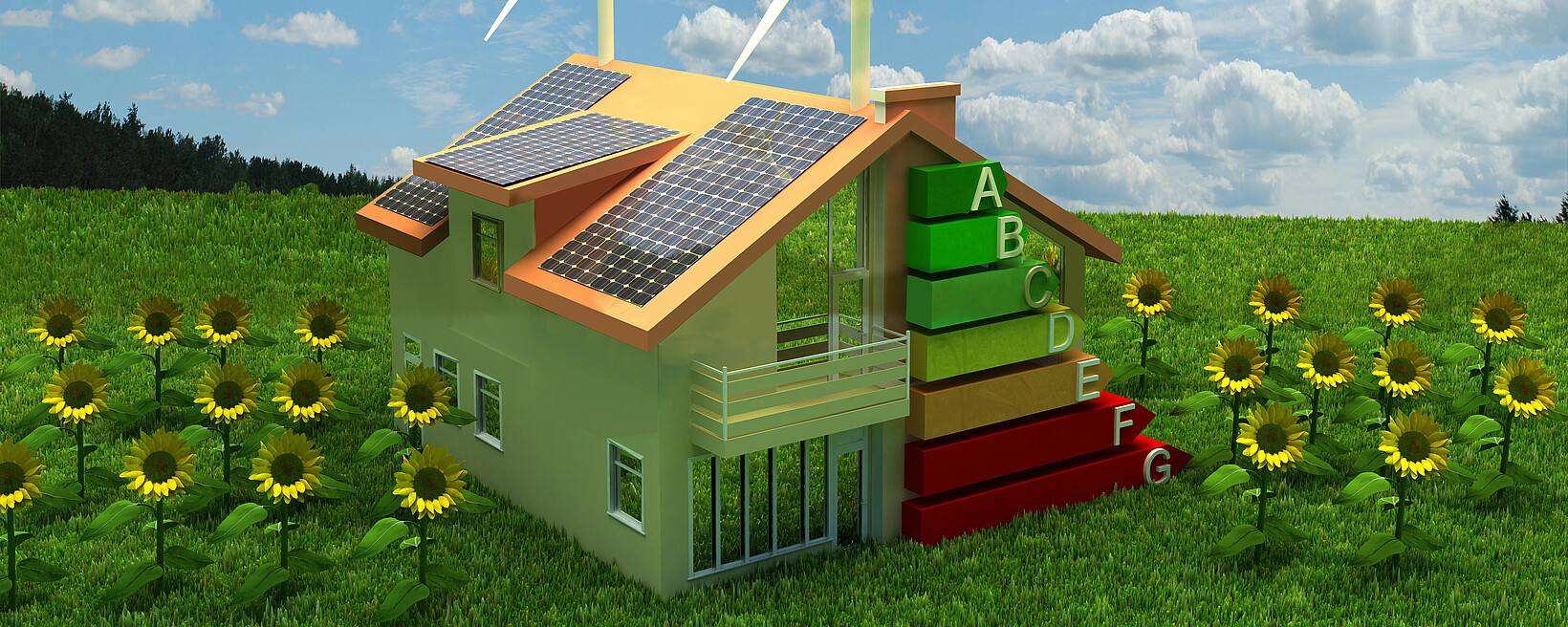 AdobeStock | jim Grafik eines Hauses mit erneuerbaren Energien und Energie-Label A-F