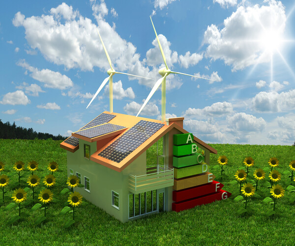 Grafik eines Hauses mit erneuerbaren Energien und Energie-Label A-F
