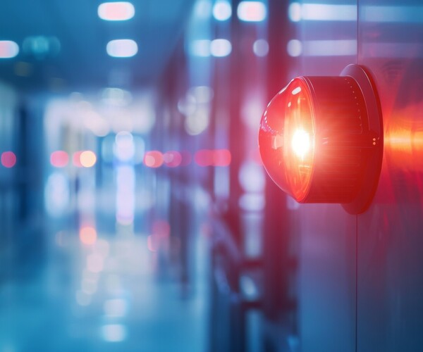 A fire alarm strobe light flashing urgently on a wall in a commercial building during an evacuation.