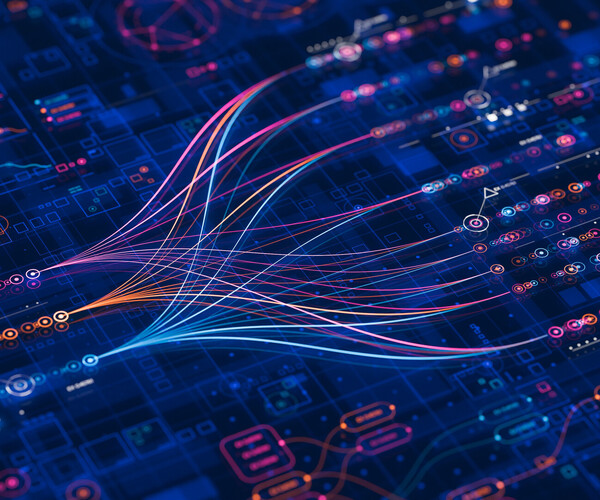 Symbolbild für KI mit Lichtfäden auf einer angedeuteten Platine