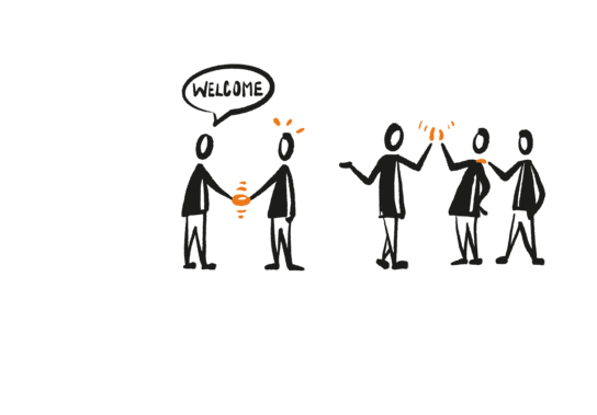 Fünf stilisierte Figuren begrüßen sich mit Handschlag und High Five, darüber eine Sprechblase mit dem Wort ‚Welcome‘.