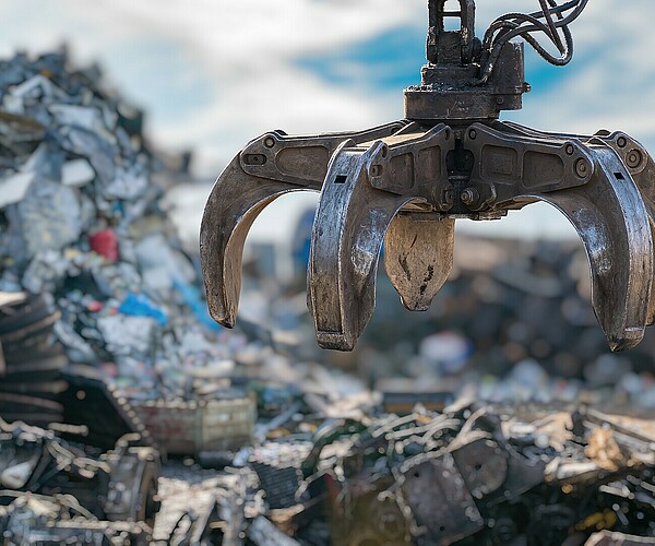 mechanischer Greifarm hängt über Müllhaufen einer Müllhalde