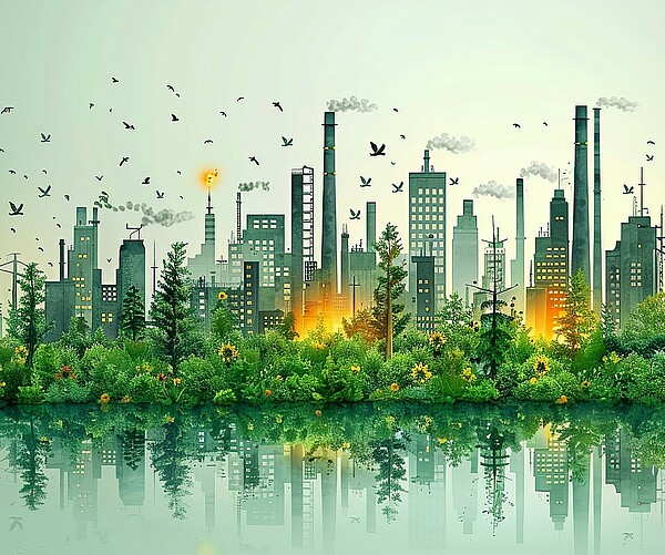 Dekarbonisierung dargestellt als Grafik einer industriellen Stadt mit im Vordergrund Bäume und Wasser