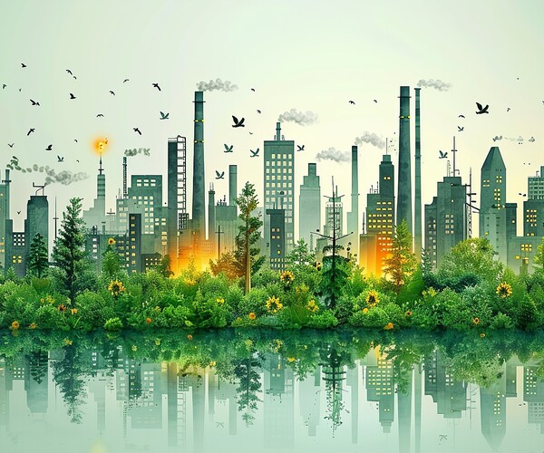 Depict the transition to low-carbon technologies with a graphic showing industries and cities adopting green practices, reducing greenhouse gases, and fostering sustainability. high resolution Dekarbonisierung dargestellt als Grafik einer industriellen Stadt mit im Vordergrund Bäume und Wasser