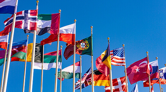 Flags of different countries flutters in the wind against