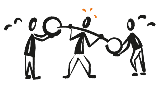 Eine stilisierte Figur hebt eine Hantel hoch, zwei stilisierte Personen rechts und links davon helfen beim Hochheben. 