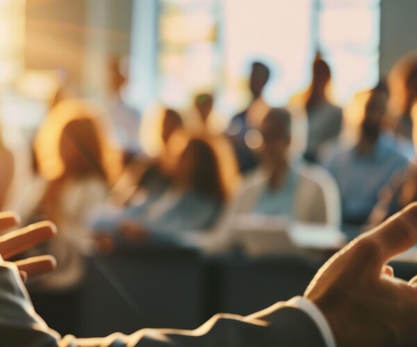 Speaker's hands during a training session in a business office.