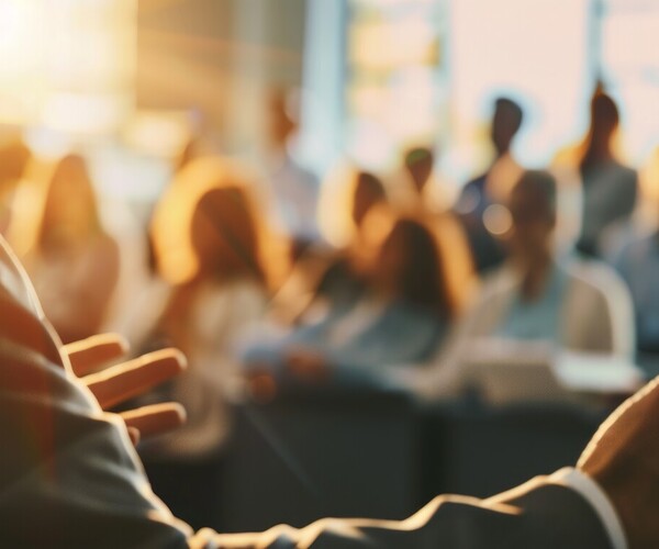 Speaker's hands during a training session in a business office.