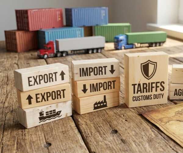 Holzklötze mit Begriffen zu Export, Import, Zöllen und Steuern auf Tisch, im Hintergrund Container, Lkw und Globus als Symbol für internationalen Handel.