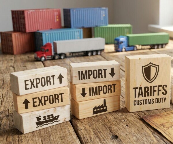 Holzklötze mit Begriffen zu Export, Import, Zöllen und Steuern auf Tisch, im Hintergrund Container, Lkw und Globus als Symbol für internationalen Handel.