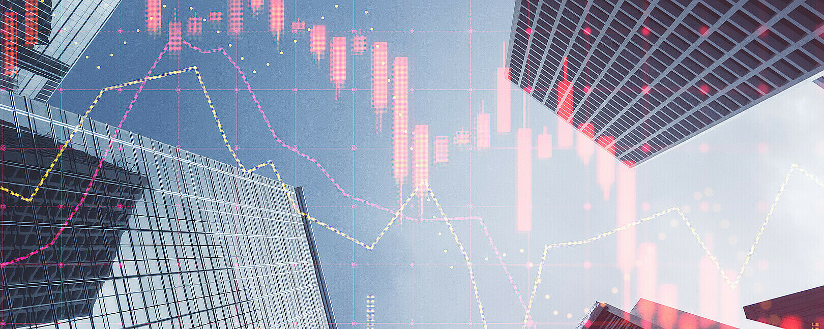 Investing, trading and real estate market crisis concept with digital red financial chart candlestick and graphs on modern skyscraper tops bottom view background, double exposure Investing, trading and real estate market crisis concept with digital red financial chart candlestick and graphs on modern skyscraper tops bottom view background, double exposure