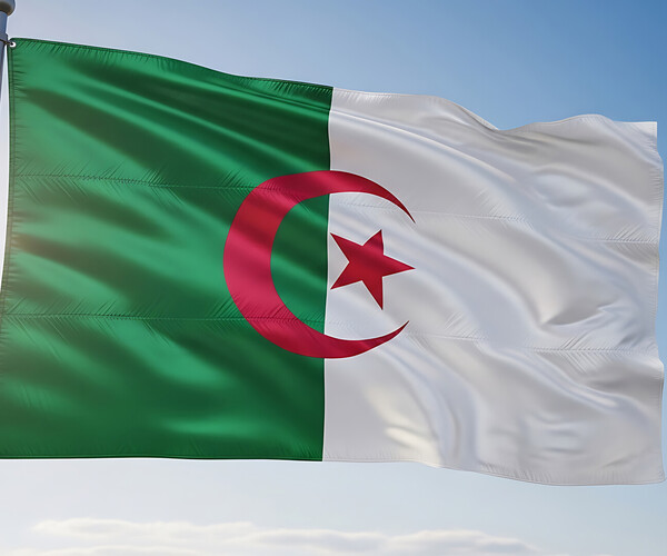 Flagge Algeriens - die Flagge ist vertikal in Grün und Weiß geteilt, in der Mitte befinden sich ein roter Halbmond und ein roter Stern.