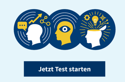 Button: Jetzt Test starten, drei Köpfe mit Symbolen für Ideen über dem Button
