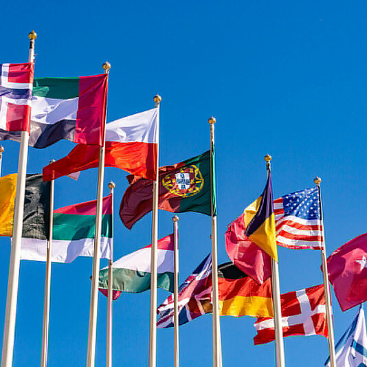 Flags of different countries flutters in the wind against