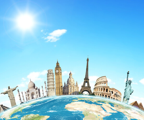 Weltkugel mit Sehenswürdigkeiten aller Länder.