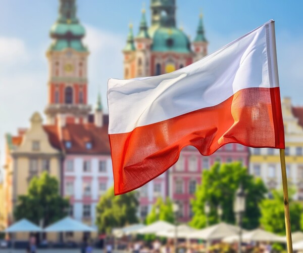 Flagge Polens: weißer Querstreifen, darunter roter Querstreifen, im Hintergrund Gebäude