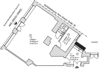 Leipzig, Rückmarsdorfer Straße 1: Grundriss Ladenfläche, Büro, Toilette, Flur