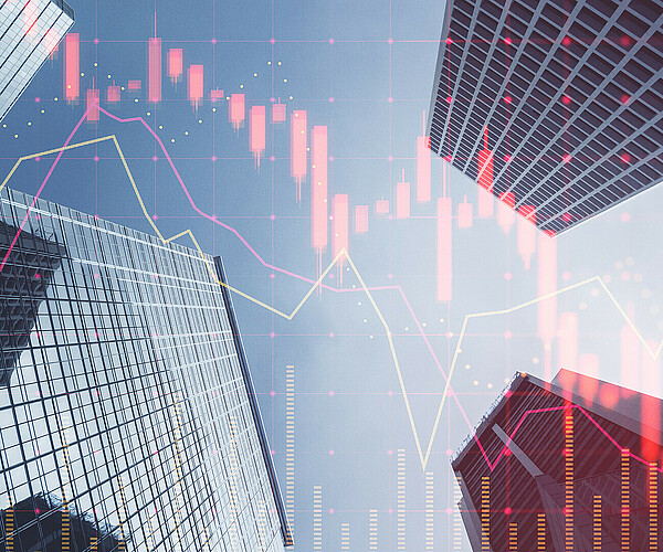 Investing, trading and real estate market crisis concept with digital red financial chart candlestick and graphs on modern skyscraper tops bottom view background, double exposure