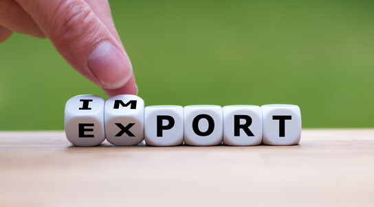 Ein Finger verschiebt Buchstabenwürfel, sodass die Wörter "Import" und "Export" gleichzeitig lesbar sind.