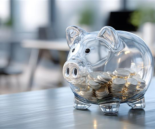 Sparschwein aus Glas mit Münzen steht auf einem Tisch