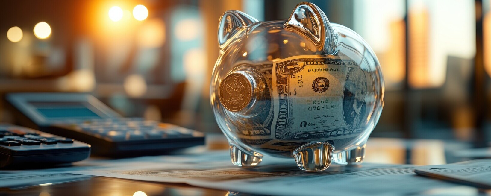 Transparente Finanzen Sparschwein aus Glas auf einem Tisch