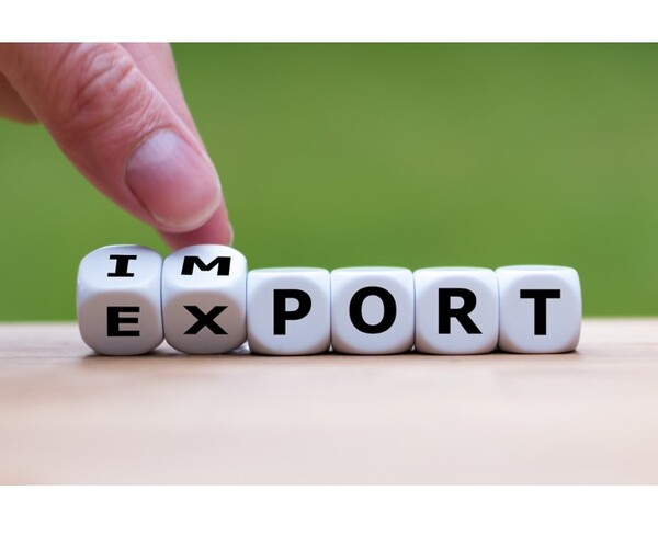 Ein Finger verschiebt Buchstabenwürfel, sodass die Wörter "Import" und "Export" gleichzeitig lesbar sind.