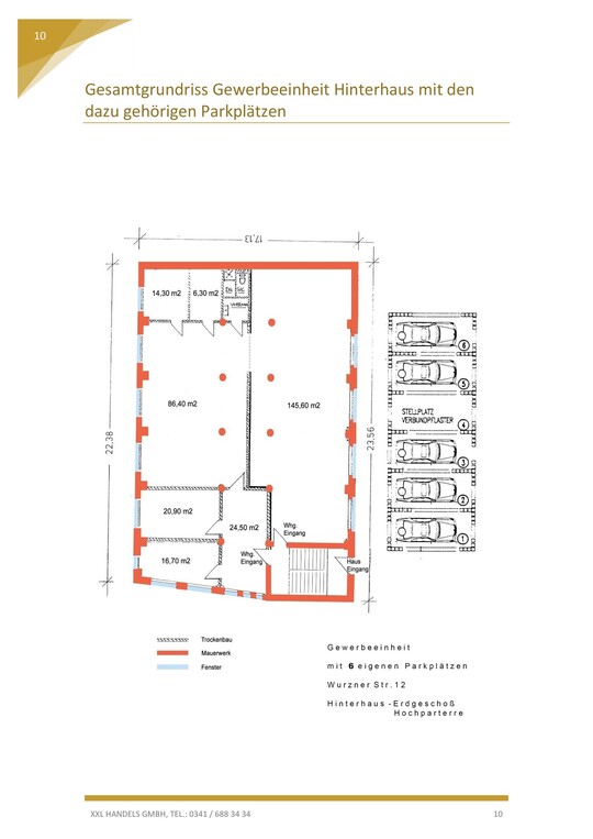 Grundriss Gewerbeeinheit Hinterhaus mit Parkplätzen