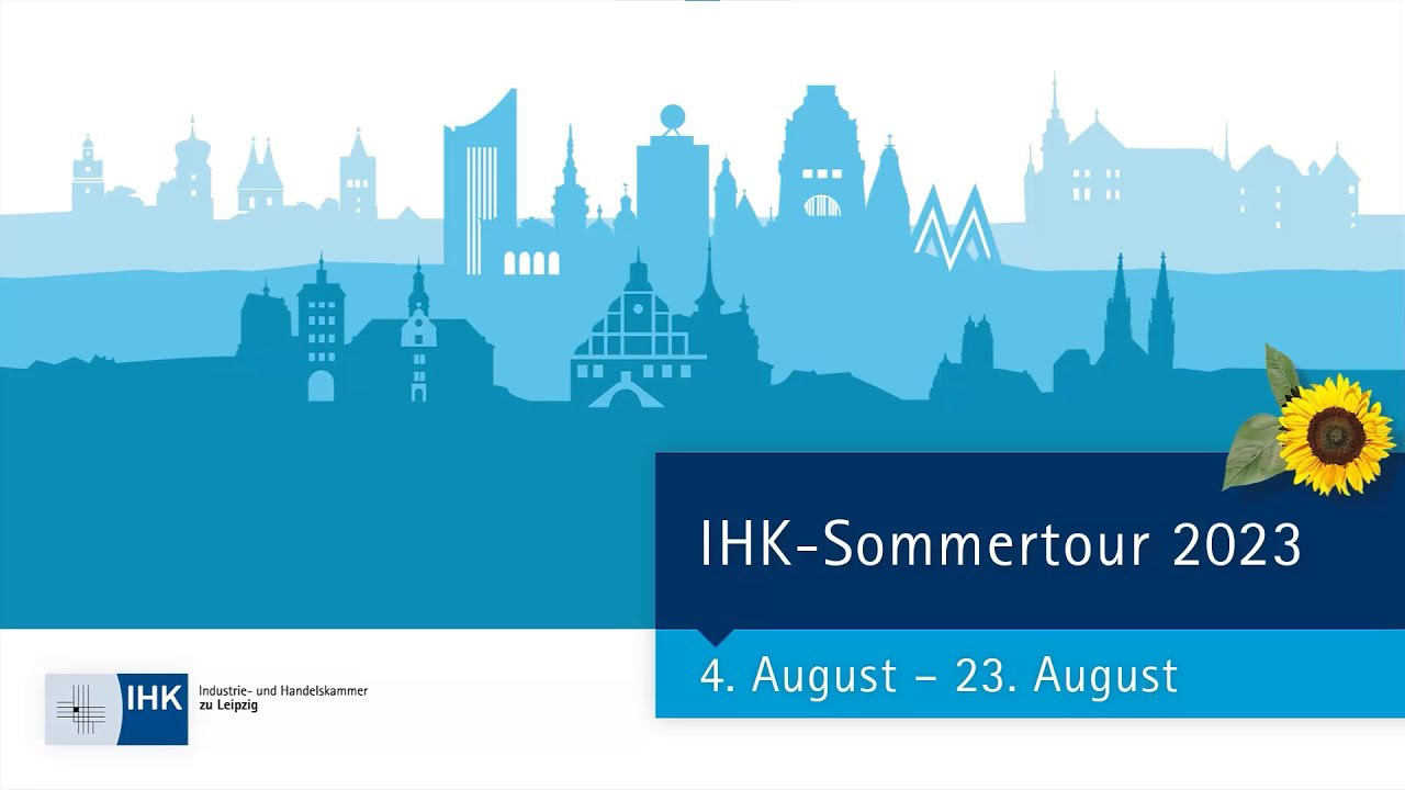 IHK Sommertour 2023 vom 4. bis 23. August. Skyline von Leipzig und den Landkreisen Leipzig und Nordsachsen mit Sonnenblume