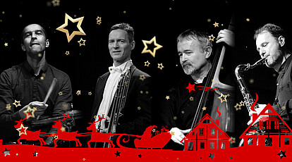Collage der Musiker von LAMETTA FIVE mit Weihnachtsdekor